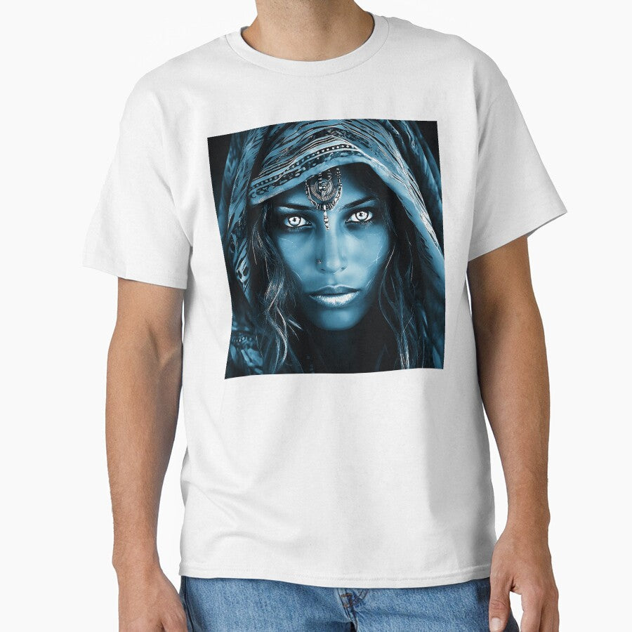 Mysterious Desert Woman In Cyanotype Hues Digital Art - Adult & Kids T-Shirts, Sweatshirts & Hoodies apparel design preview 1