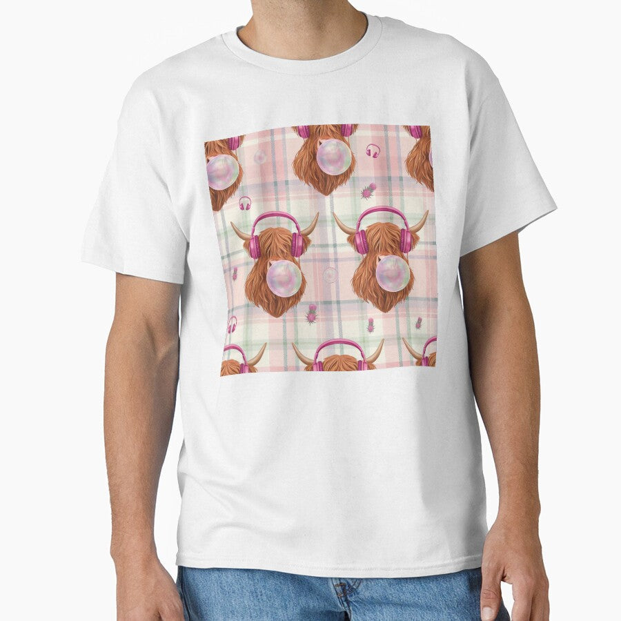 Cute Highland Cow Blowing Bubblegum with Pink - Adult & Kids T-Shirts, Sweatshirts & Hoodies apparel design preview 1