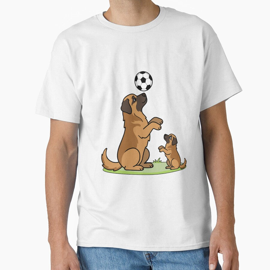Leonberger Dog Dad and Puppy Playing Soccer Cartoon - Adult & Kids T-Shirts, Sweatshirts & Hoodies apparel design preview 1