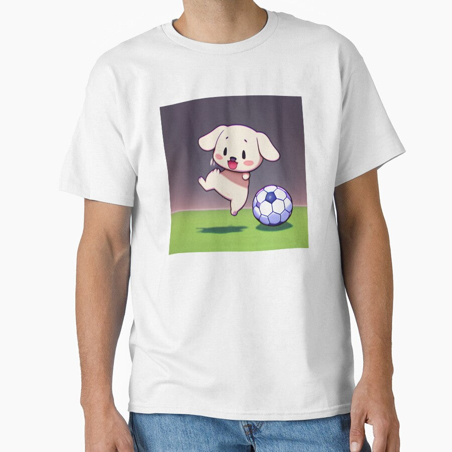 Chibi Dog Jumping for Joy in Soccer Game by BAYFAIRE - Adult & Kids T-Shirts, Sweatshirts & Hoodies apparel design preview 1