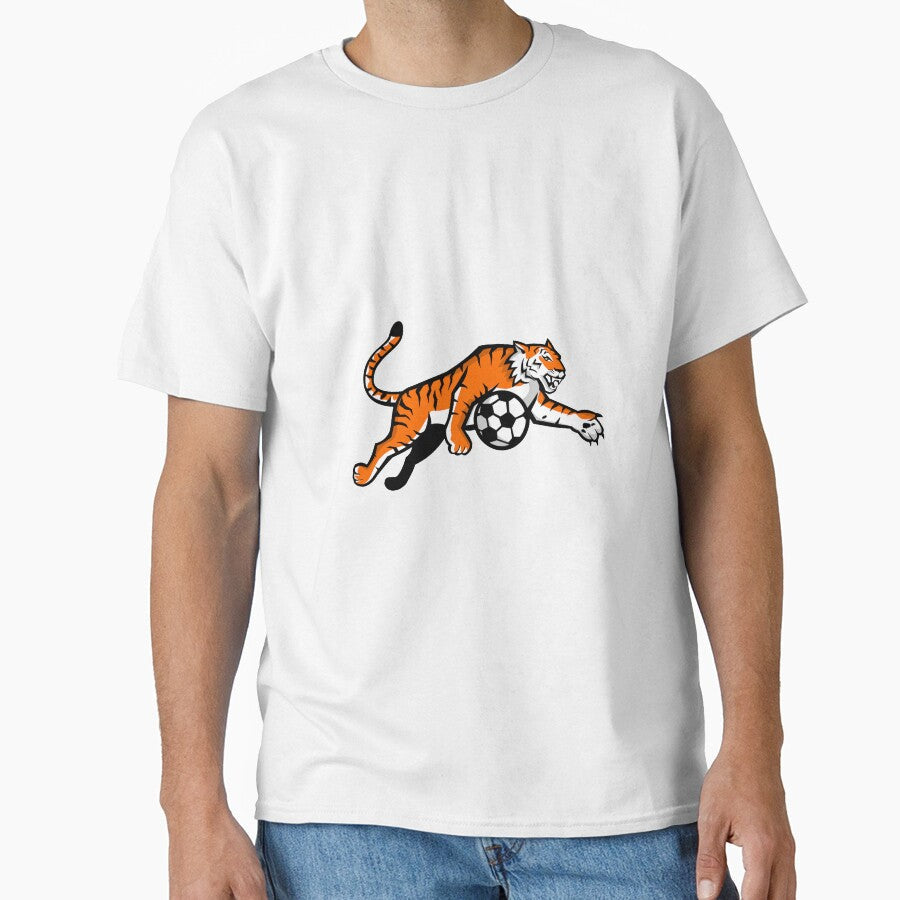 Tiger Jumping Soccer Ball Mascot by patrimonio - Adult & Kids T-Shirts, Sweatshirts & Hoodies apparel design preview 1