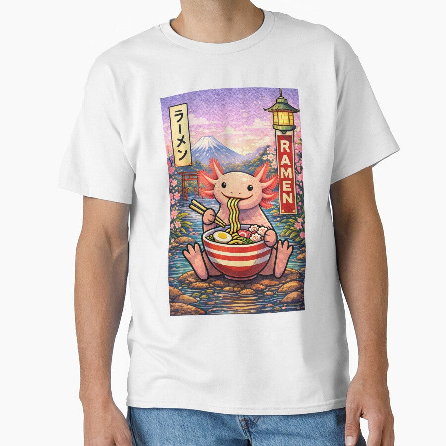 Axolotl Eating Ramen Cute Kawaii Art by RetroPop23 - Adult & Kids T-Shirts, Sweatshirts & Hoodies apparel design preview 1