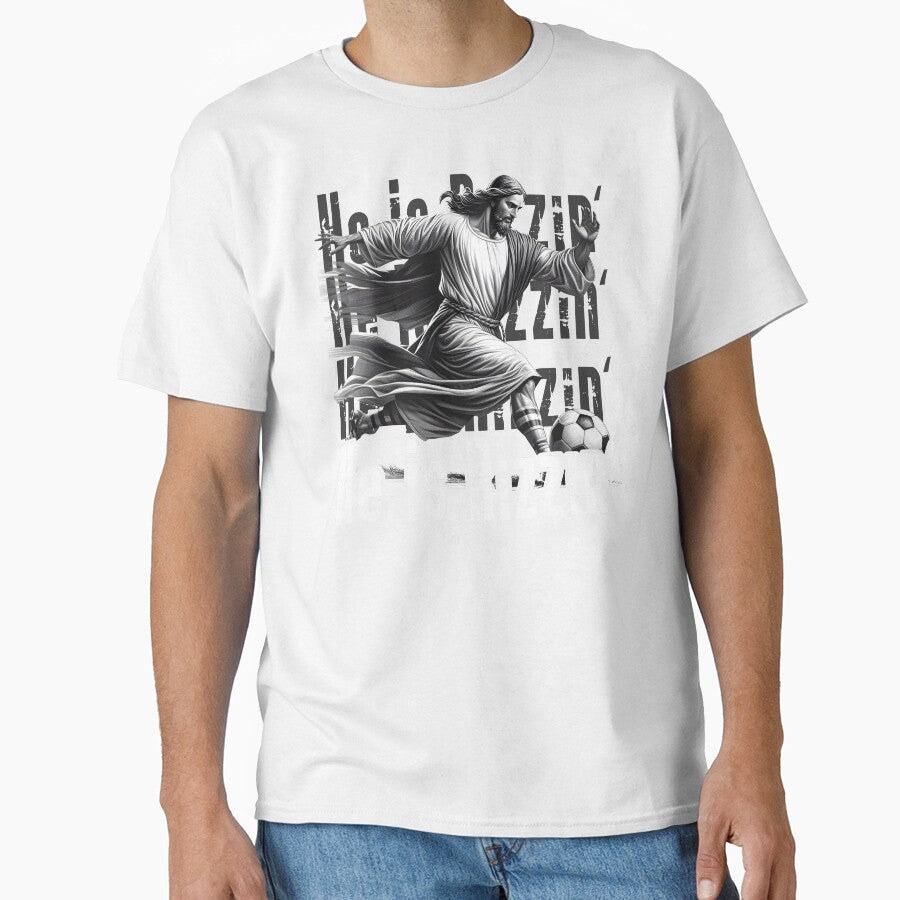 He is Rizzin Jesus Playing Soccer Funny Sport - Adult & Kids T-Shirts, Sweatshirts & Hoodies apparel design preview 1