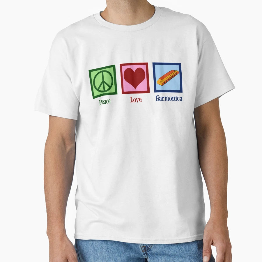 Peace Love Harmonica T-Shirt - Unique Graphic for Adults - T-Shirt, Sweatshirt, Hoodie