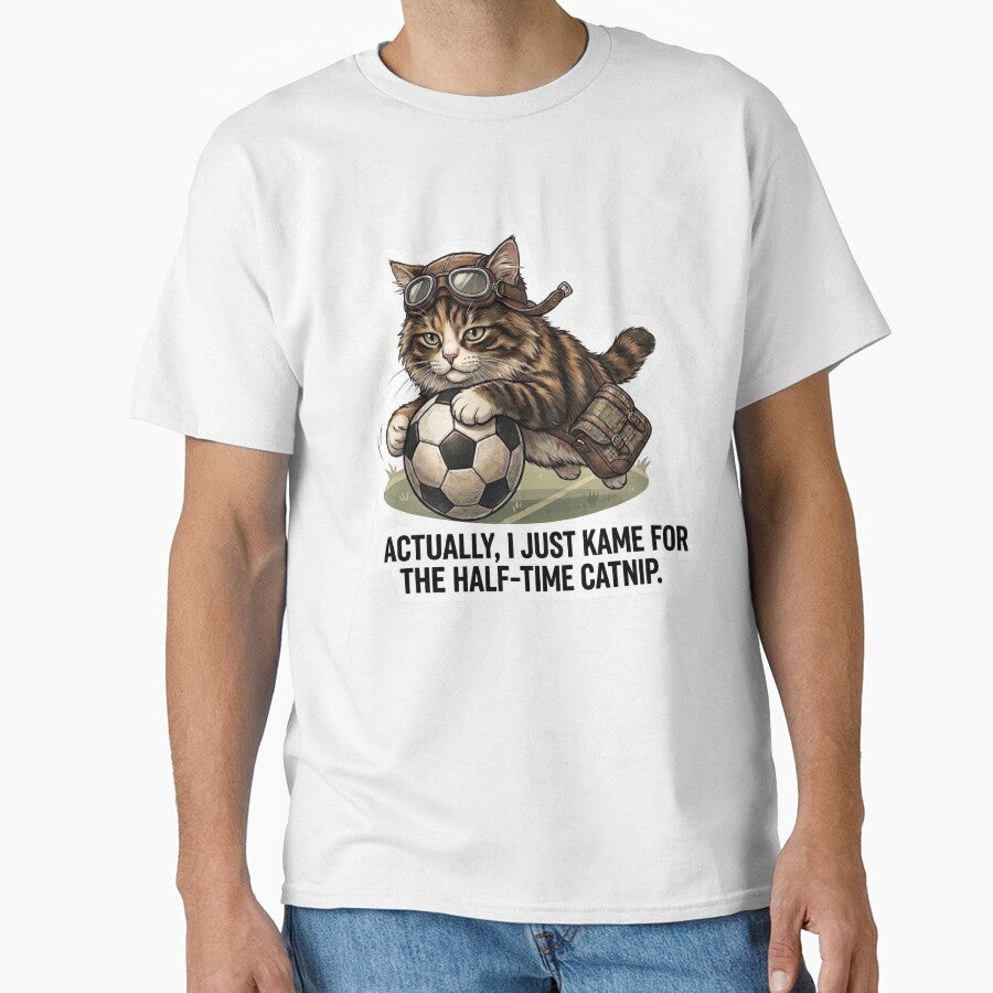 Funny Soccer Cat Half-time Catnip Meme Design by - Adult & Kids T-Shirts, Sweatshirts & Hoodies apparel design preview 1