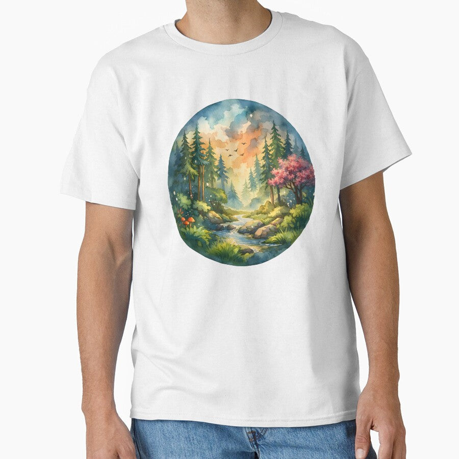 Enchanted Forest Stream Watercolor Illustration - Adult & Kids T-Shirts, Sweatshirts & Hoodies apparel design preview 1