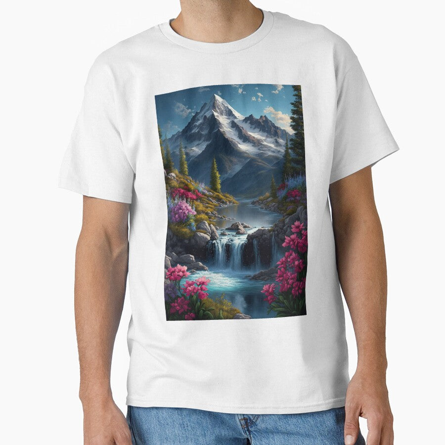 Flowery mountain with running waterfall by Dannypryce - Adult & Kids T-Shirts, Sweatshirts & Hoodies apparel design preview 1