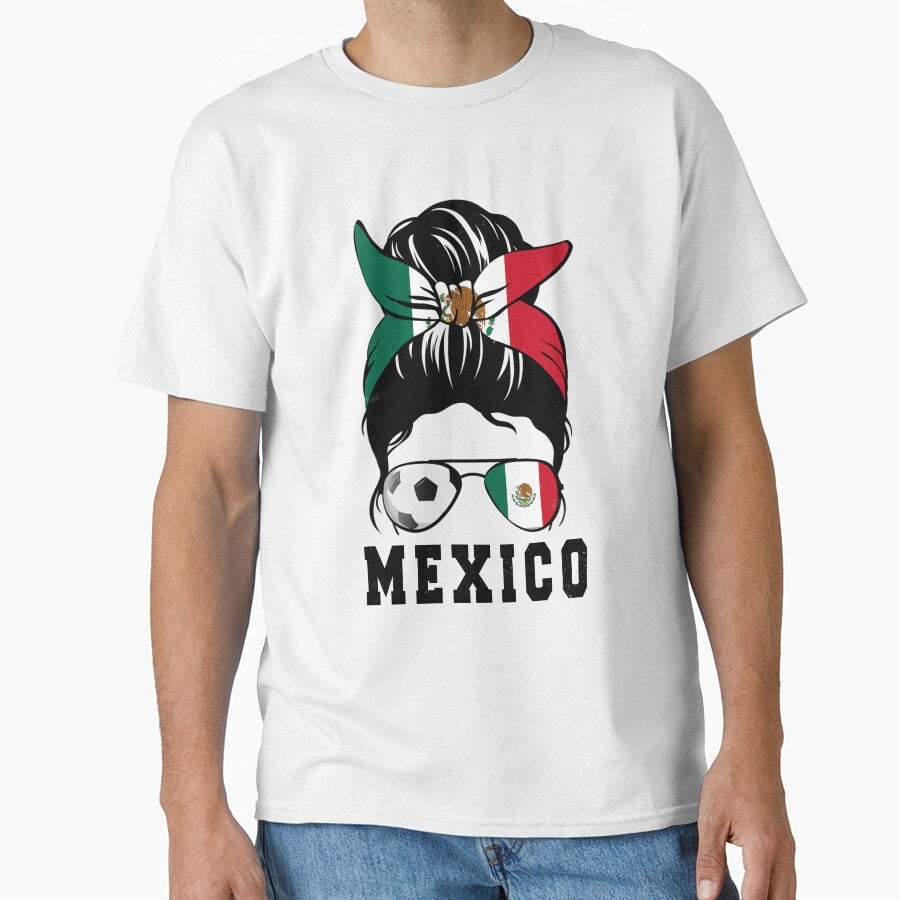 Mexico Soccer Girl Mom Messy Bun Flag Football Fan by - Adult & Kids T-Shirts, Sweatshirts & Hoodies apparel design preview 1
