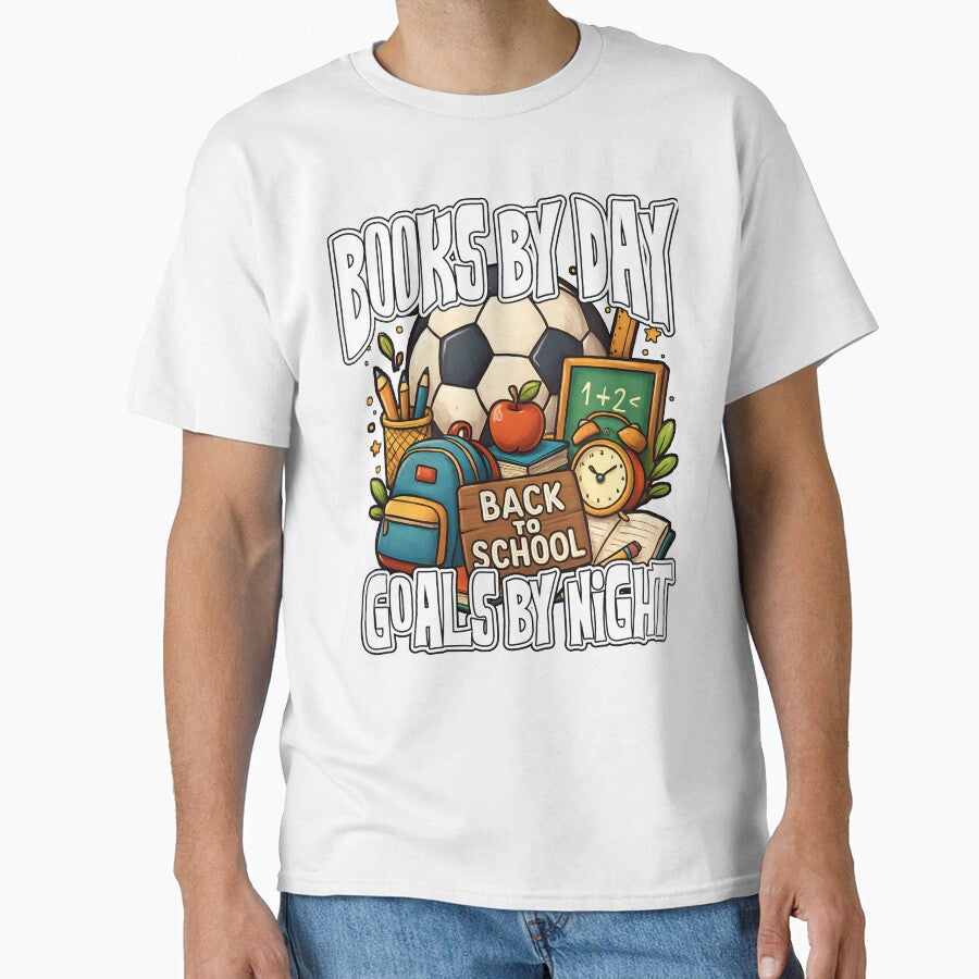 BOOKS BY DAYTIME GOALS NIGHT sport back to school - Adult & Kids T-Shirts, Sweatshirts & Hoodies apparel design preview 1