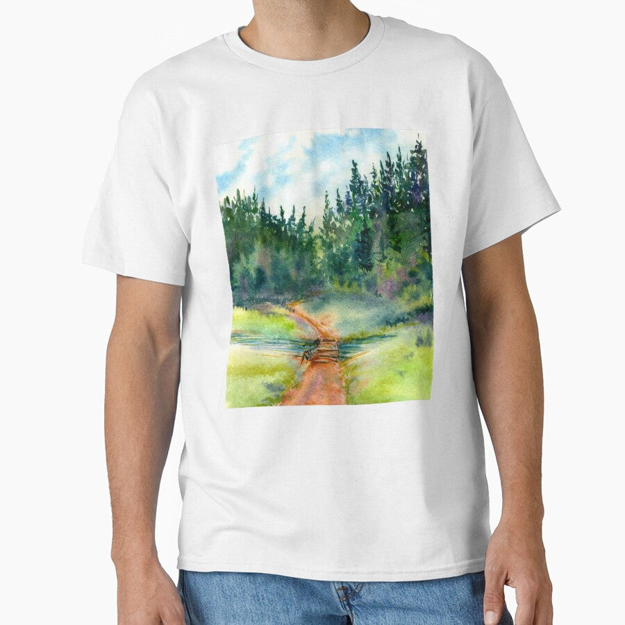 Path In The Pine Forest, Watercolor Landscape - Adult & Kids T-Shirts, Sweatshirts & Hoodies apparel design preview 1