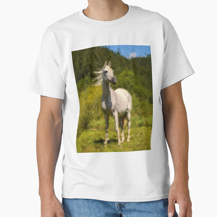 White Arabian horse sitting in front of a mountain - Adult & Kids T-Shirts, Sweatshirts & Hoodies apparel design preview 1