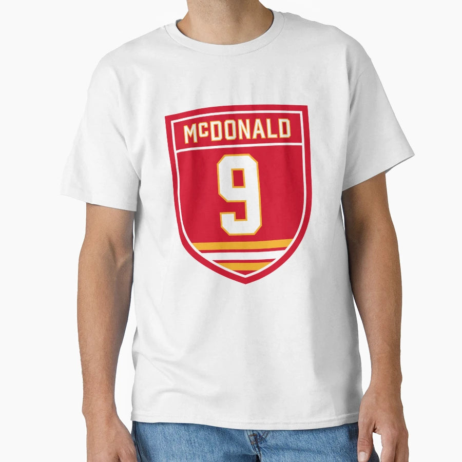 Lanny Mcdonald Calgary 9 Emblem T-Shirt - Unique Graphic for Adults - T-Shirt, Sweatshirt, Hoodie