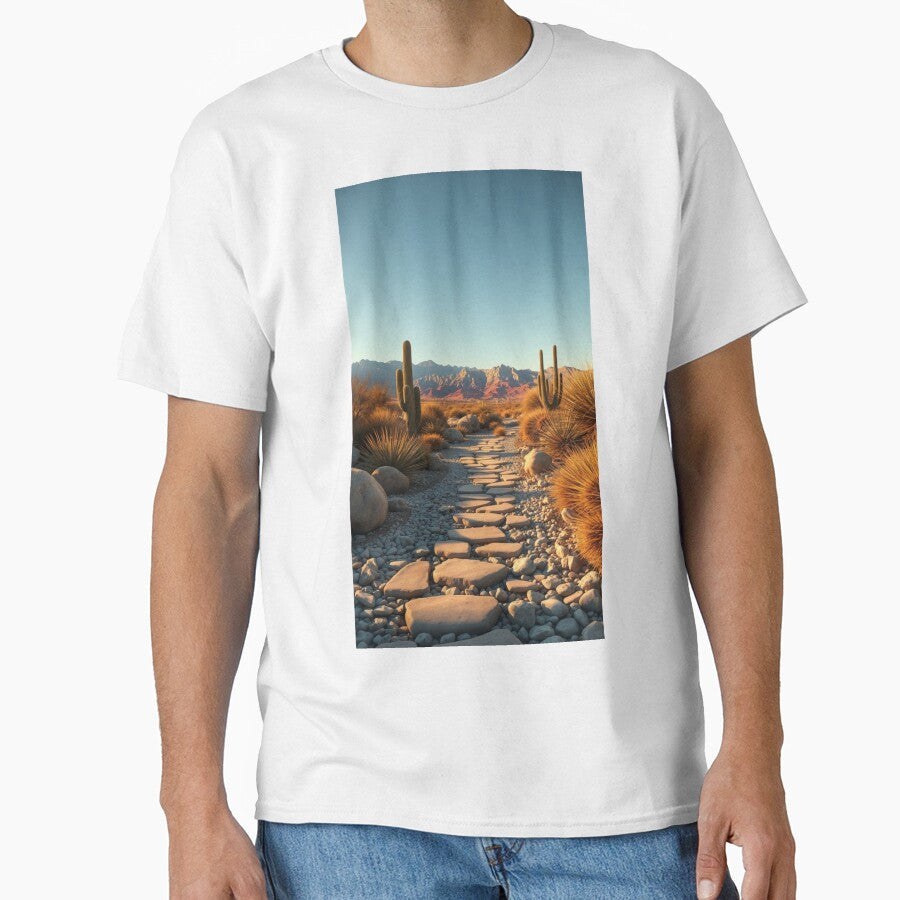 Sunlit Desert Pathway with Cacti and Mountains by - Adult & Kids T-Shirts, Sweatshirts & Hoodies apparel design preview 1