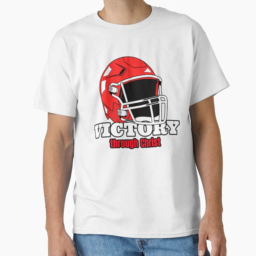 Victory Through Christ Football Helmet T-Shirt - Unique Graphic Unisex - T-Shirt, Sweatshirt, Hoodie