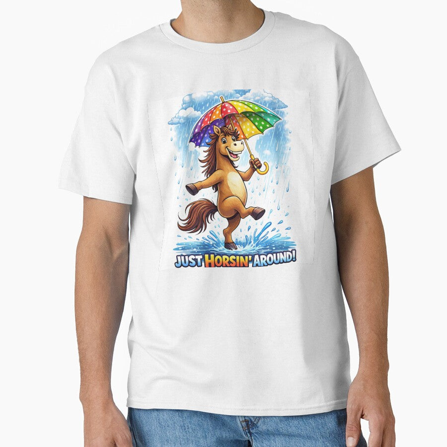 Just Horsin Around Funny Dancing Horse Rain Design by - Adult & Kids T-Shirts, Sweatshirts & Hoodies apparel design preview 1
