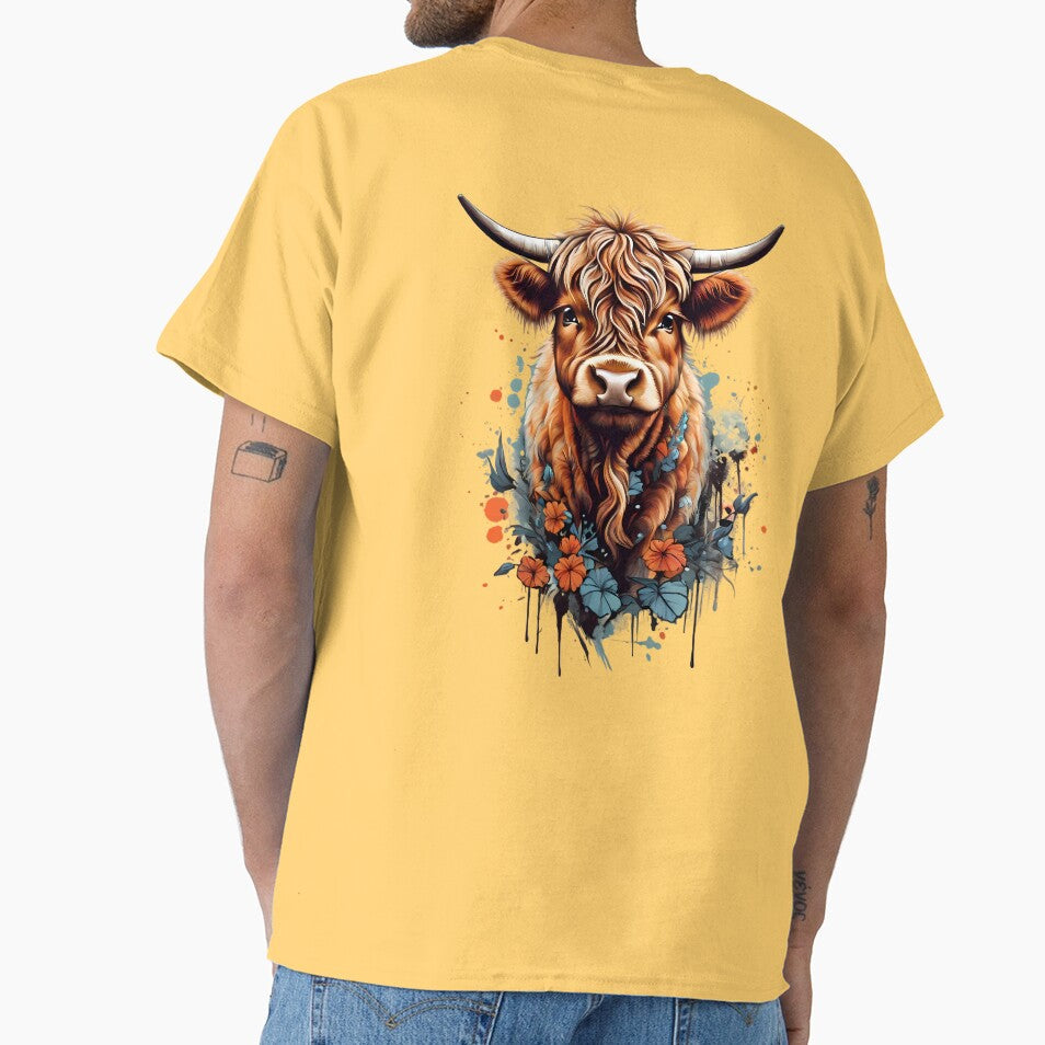Cute Highland Cow, Red and Blue Flowers by BajanTees - Adult & Kids T-Shirts, Sweatshirts & Hoodies apparel design preview 1