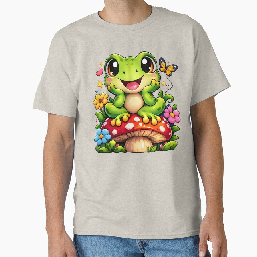 Cute Kawaii Frog Sitting on Mushroom Happy Cartoon - Adult & Kids T-Shirts, Sweatshirts & Hoodies apparel design preview 1