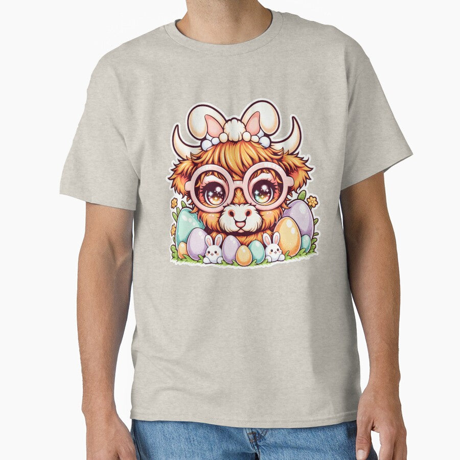 Cute Highland Cow Easter, Hello Spring, with Bunny - Adult & Kids T-Shirts, Sweatshirts & Hoodies apparel design preview 1