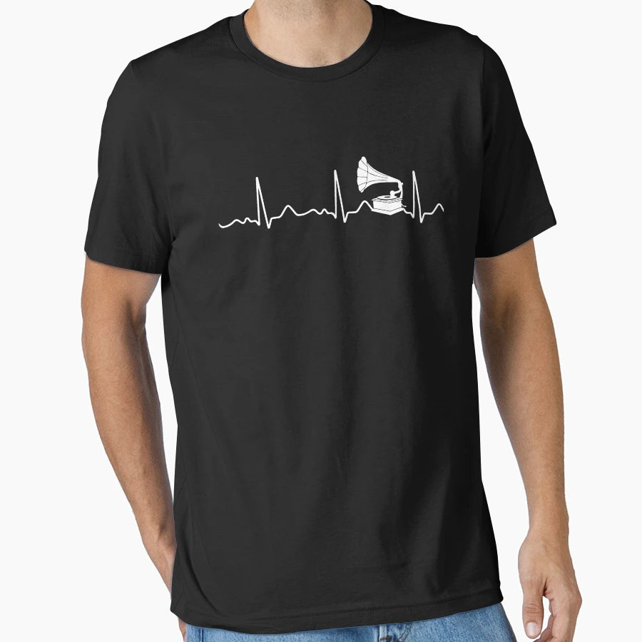 Record Player Heart Line Heartbeat T-Shirt - Trendy Graphic for Adults - T-Shirt, Sweatshirt, Hoodie