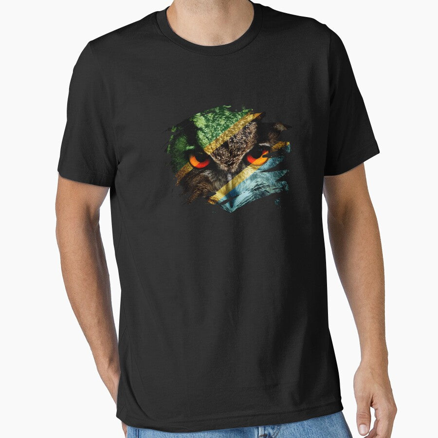 Tanzania Flag and Menacing Owl by ockshirts - Adult & Kids T-Shirts, Sweatshirts & Hoodies apparel design preview 1