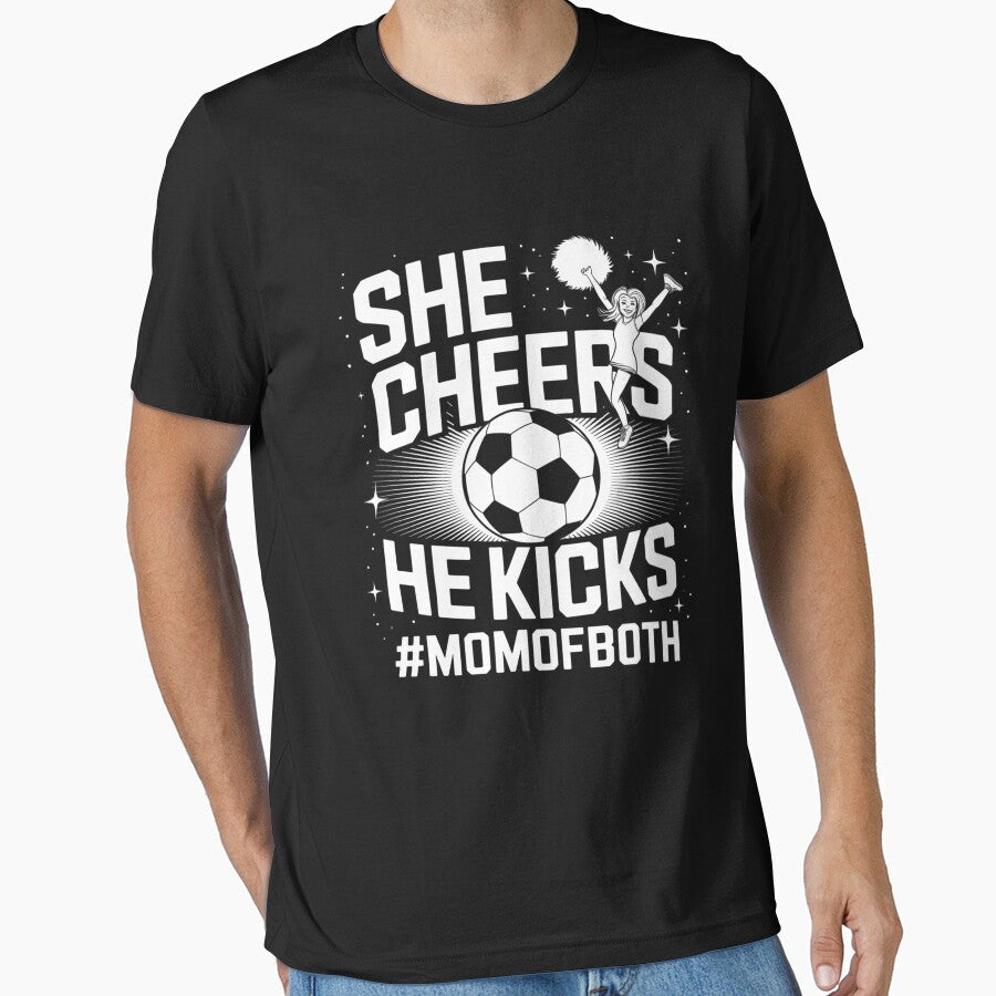 She Cheers He Kicks Mom Of Both Cheer And Soccer by - Adult & Kids T-Shirts, Sweatshirts & Hoodies apparel design preview 1