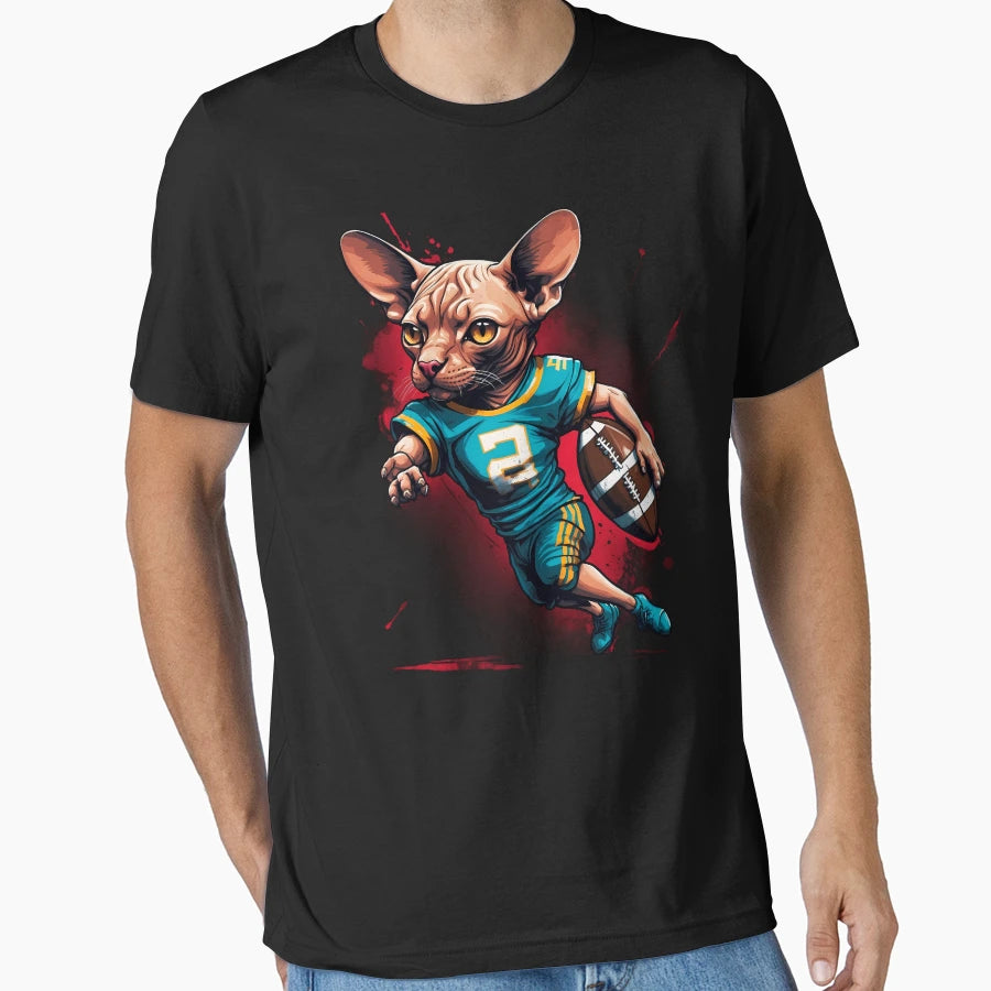 Sphynx Cat Playing American Football T-Shirt - Graphic Print Men Women - T-Shirt, Sweatshirt, Hoodie