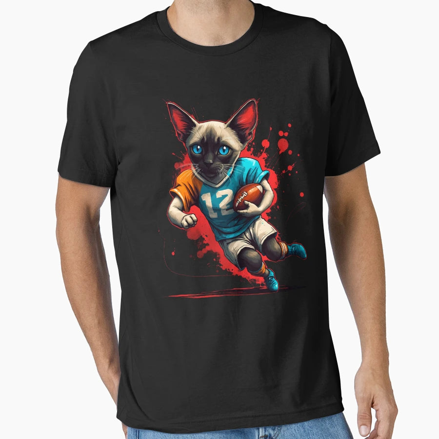 Siamese Cat Playing American Football T-Shirt - Novelty Apparel for Adults - T-Shirt, Sweatshirt, Hoodie