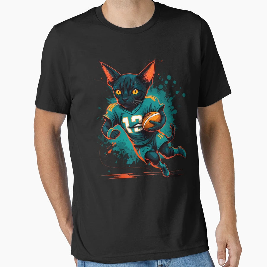 Black Bombay Cat Playing American Football T-Shirt - Graphic Print Unisex - T-Shirt, Sweatshirt, Hoodie