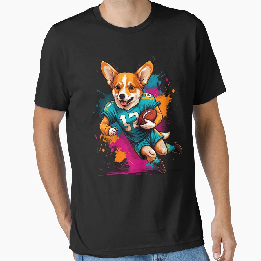 Corgi Dog Playing American Football T-Shirt - Streetwear Style for Adults - T-Shirt, Sweatshirt, Hoodie