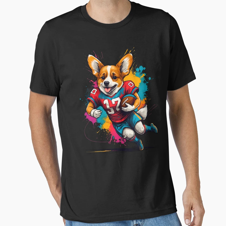 Corgi Dog Playing American Football T-Shirt - Graphic Print for Adults - T-Shirt, Sweatshirt, Hoodie
