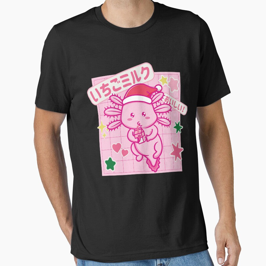 Christmas Kawaii Axolotl Drinking Strawberry Milk - Adult & Kids T-Shirts, Sweatshirts & Hoodies apparel design preview 1