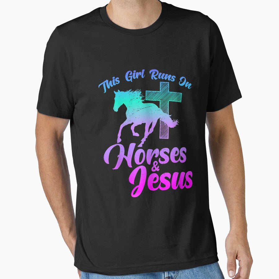 Horse Riding THIS GIRL RUNS ON HORSES JESUS Christian - Adult & Kids T-Shirts, Sweatshirts & Hoodies apparel design preview 1