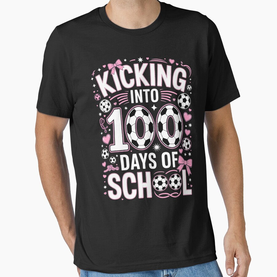 100 Days of School Girls Soccer Coquette Bow Pink - Adult & Kids T-Shirts, Sweatshirts & Hoodies apparel design preview 1