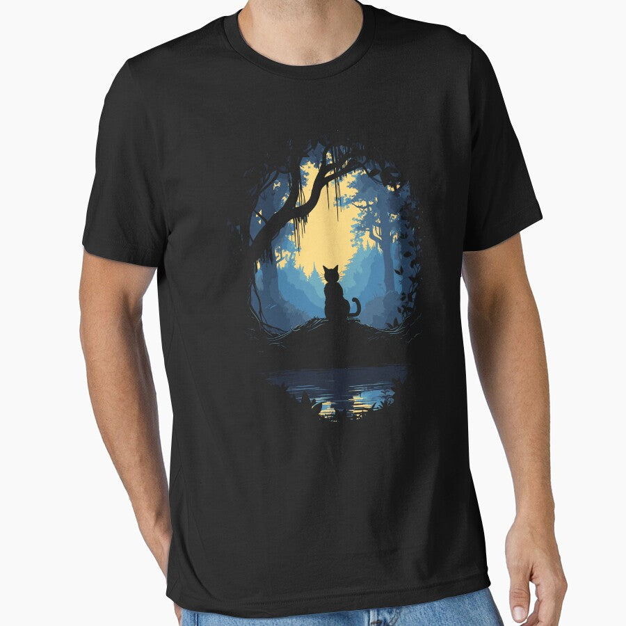 Black Cat In Magic Forest Under Moonlight by - Adult & Kids T-Shirts, Sweatshirts & Hoodies apparel design preview 1