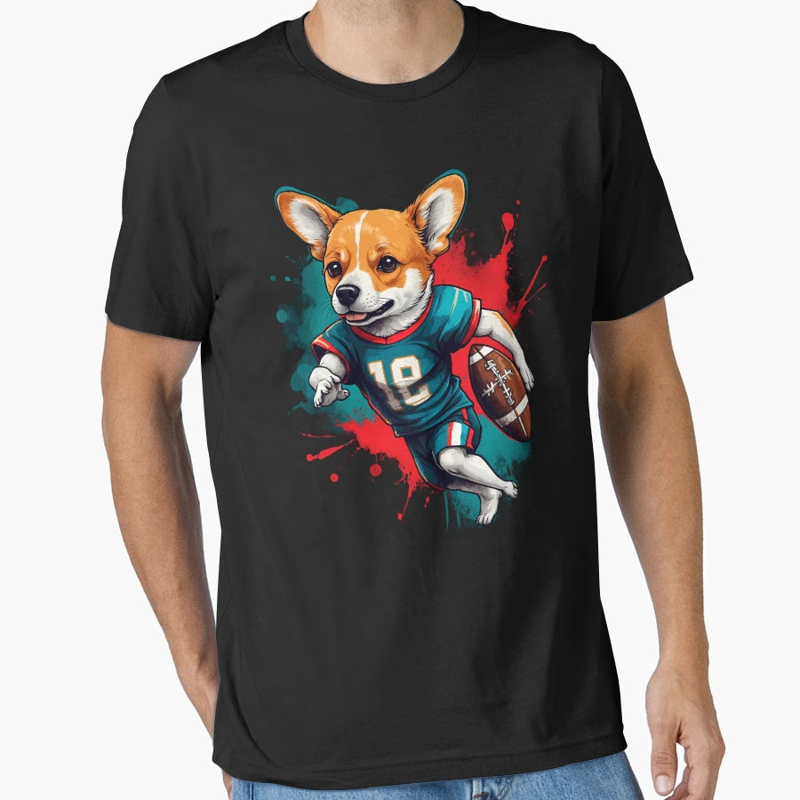 Corgi Dog Playing American Football T-Shirt - Fun Novelty Design Unisex - T-Shirt, Sweatshirt, Hoodie
