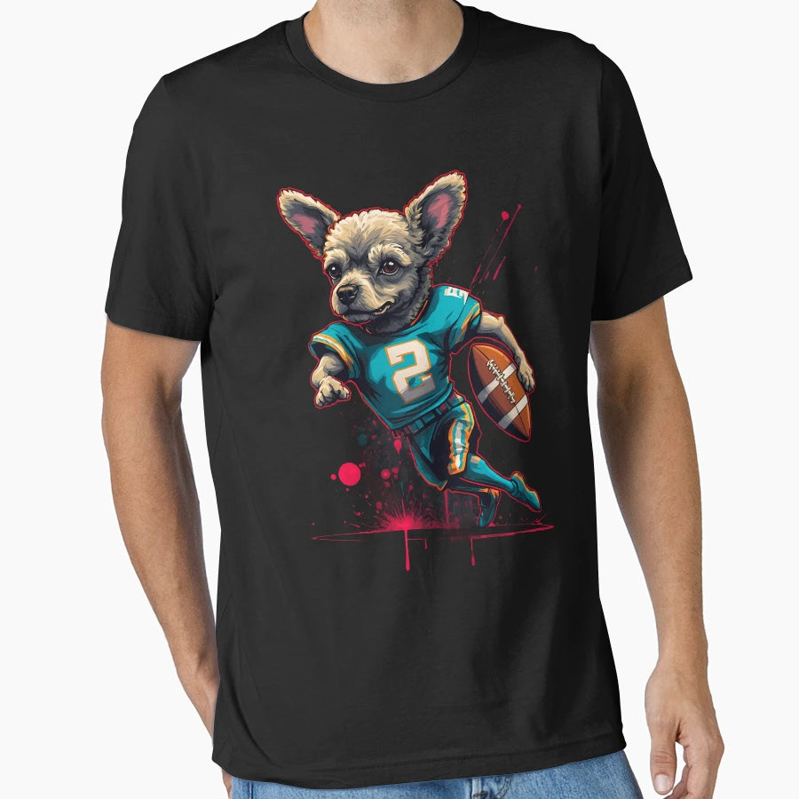 Poodle Dog Playing American Football T-Shirt - Graphic Print Unisex - T-Shirt, Sweatshirt, Hoodie