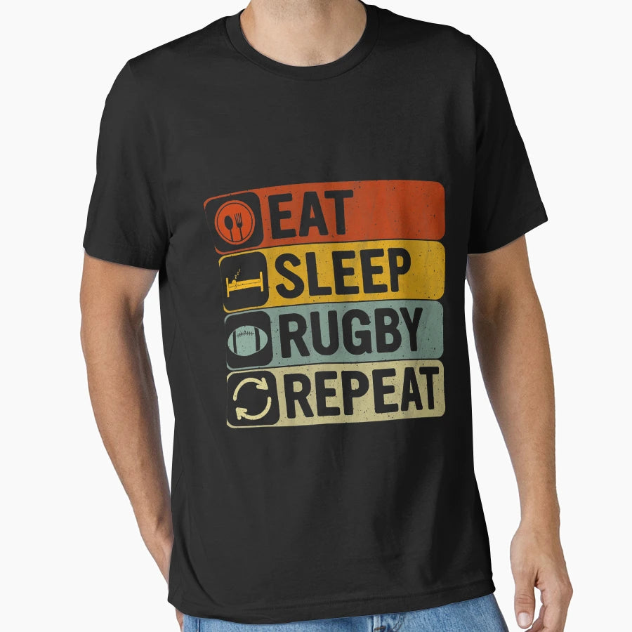 Eat Sleep Rugby Repeat 60S 70S T-Shirt - Casual Everyday Wear for Adults - T-Shirt, Sweatshirt, Hoodie