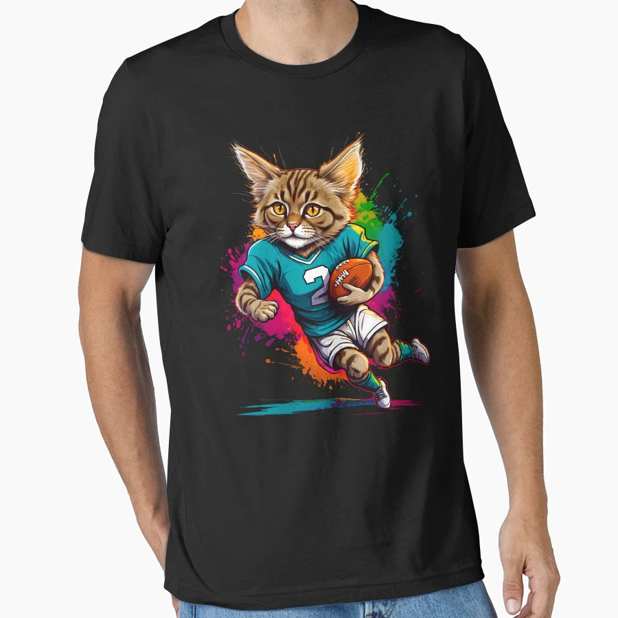 Syberian Cat Playing American Football T-Shirt - Minimalist Print Men Women - T-Shirt, Sweatshirt, Hoodie