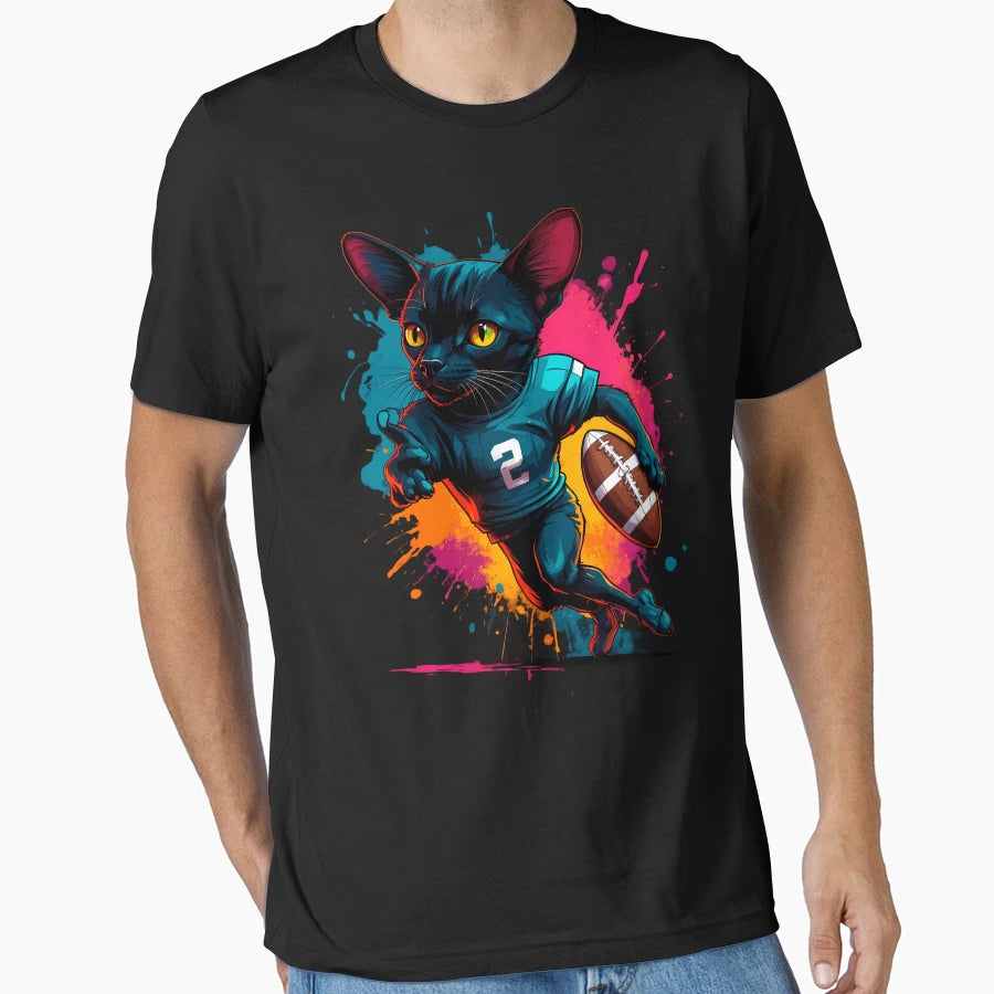 Black Bombay Cat Playing American Football T-Shirt - Novelty Apparel Unisex - T-Shirt, Sweatshirt, Hoodie
