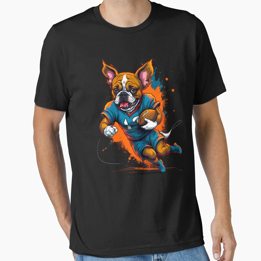 Bulldog Boxer Dog Playing American Football T-Shirt - Graphic Print Unisex - T-Shirt, Sweatshirt, Hoodie