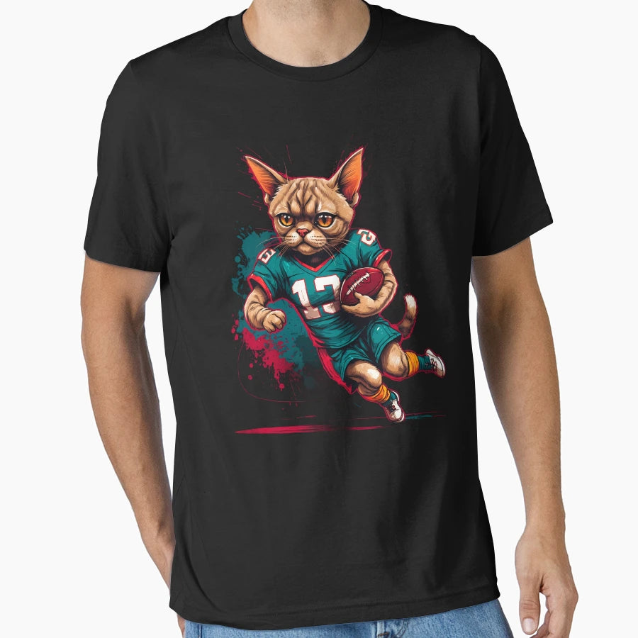 Shorthair Cat Playing American Football T-Shirt - Graphic Print Men Women - T-Shirt, Sweatshirt, Hoodie