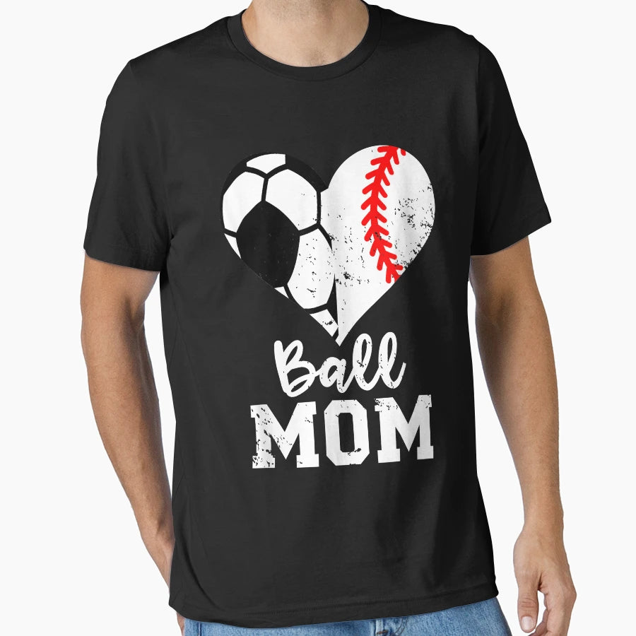 Ball Mom Heart Funny Baseball Soccer Mom T-Shirt - Unique Graphic Unisex - T-Shirt, Sweatshirt, Hoodie