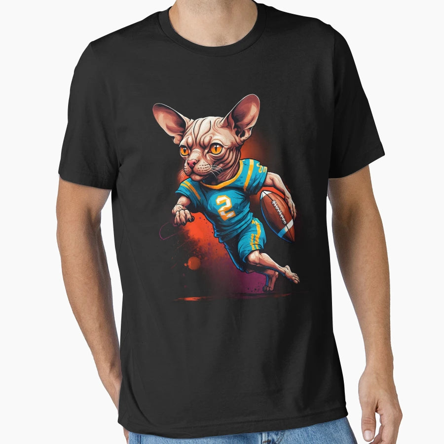 Sphynx Cat Playing American Football T-Shirt - Novelty Apparel Men Women - T-Shirt, Sweatshirt, Hoodie