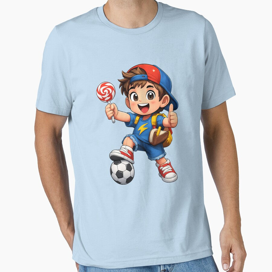 Excited boy with soccer and lollipop by JOSHUAWAYLAND - Adult & Kids T-Shirts, Sweatshirts & Hoodies apparel design preview 1