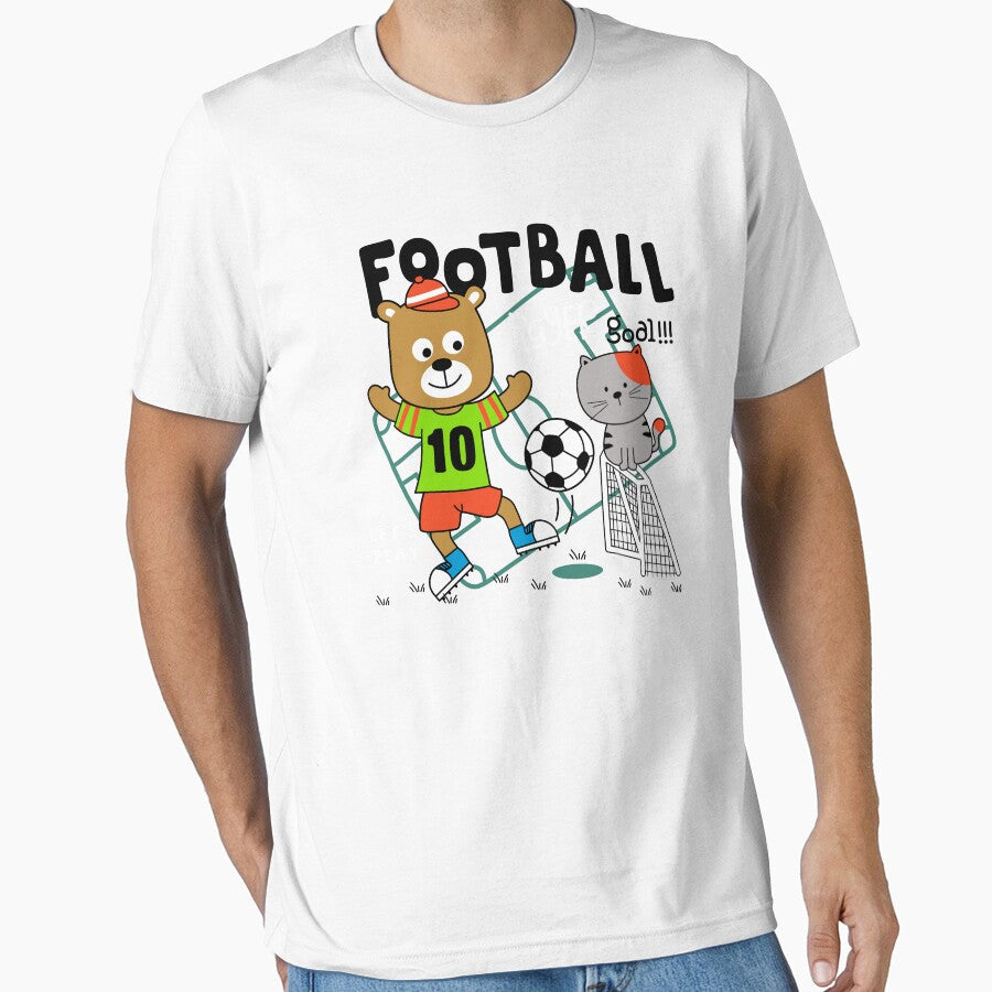 Cartoon bear playing soccer, with cat, and by - Adult & Kids T-Shirts, Sweatshirts & Hoodies apparel design preview 1