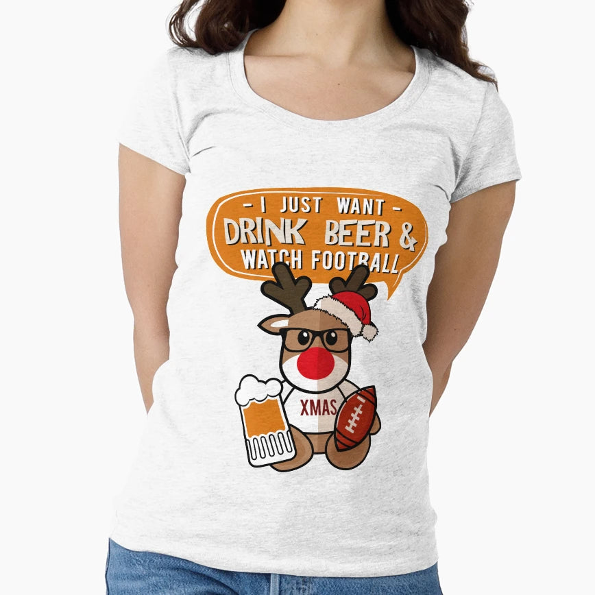 Beer Football Reindeer Santa T-Shirt - Aesthetic Graphic for Adults - T-Shirt, Sweatshirt, Hoodie