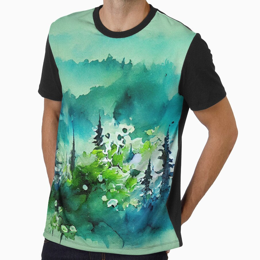 Greeny blue moody forest in fog loose watercolor - Adult & Kids T-Shirts, Sweatshirts & Hoodies apparel design preview 1
