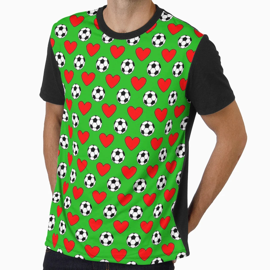 Soccer Balls And Red Hearts Drawing T-Shirt - Trendy Graphic for Adults - T-Shirt, Sweatshirt, Hoodie