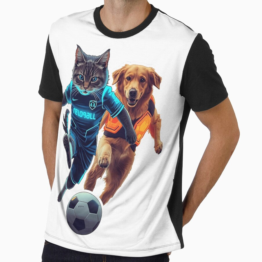 Cyberpunk Cat and Dog Playing Future Soccer by - Adult & Kids T-Shirts, Sweatshirts & Hoodies apparel design preview 1