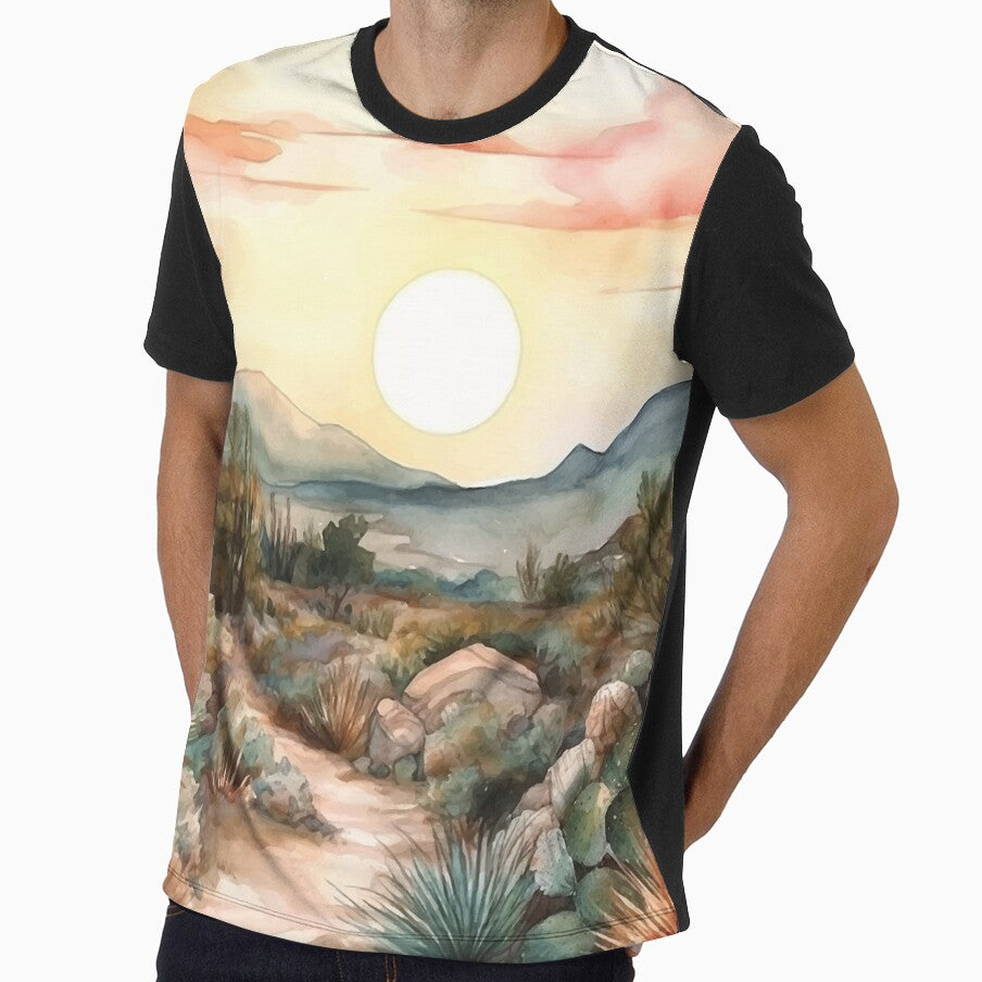 A Serene Desert Sunrise- Boho Landscape Watercolors - Adult & Kids T-Shirts, Sweatshirts & Hoodies apparel design preview 1